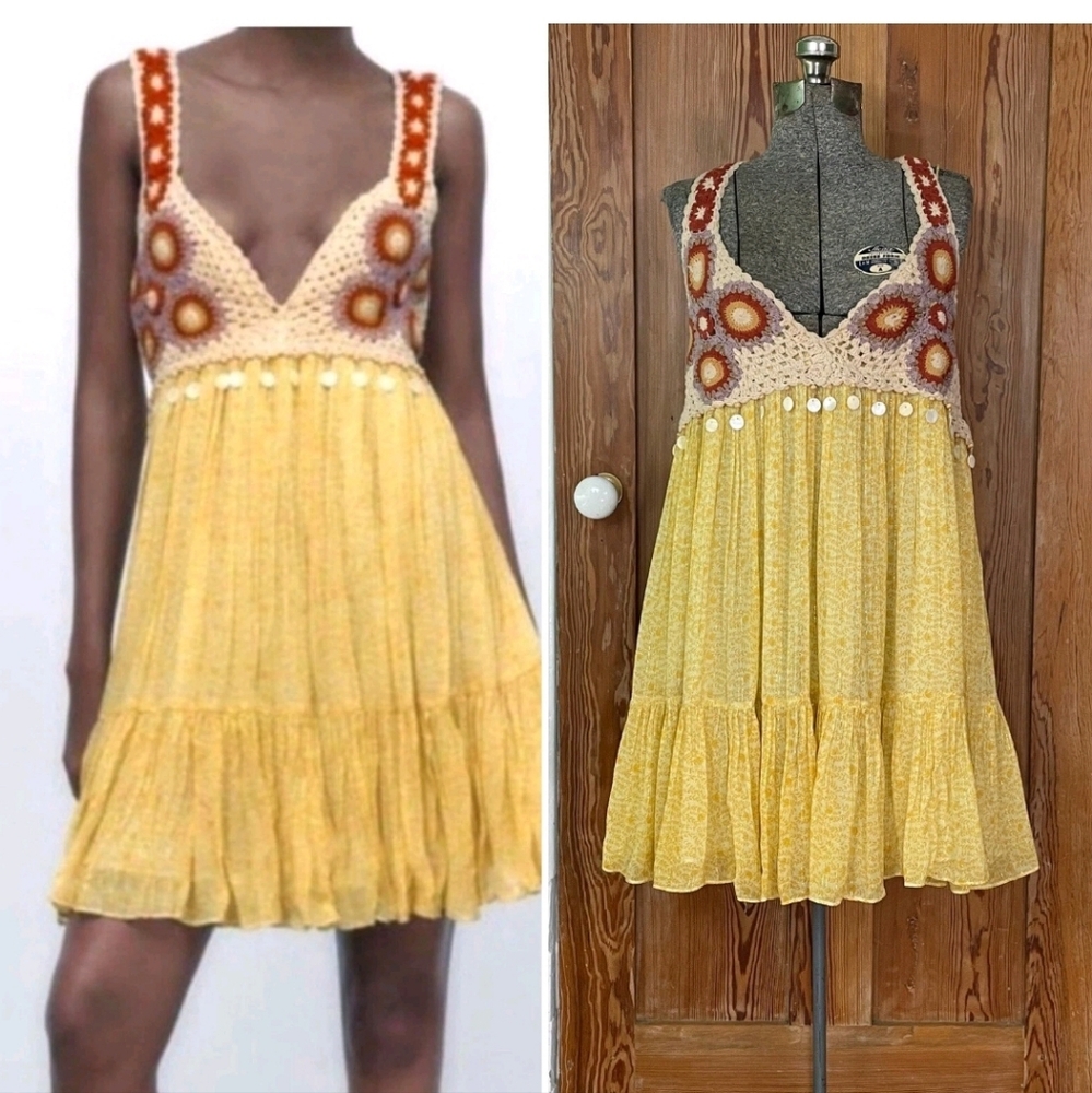 Zara Limited Edition Crochet Dress Deep V-Neck Ruffled Shell Tassels Yellow - M